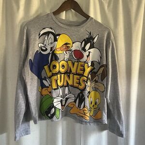 Looney Tunes Graphic T-Shirt Women 2XL Gray Cropped Long‎ Sleeve